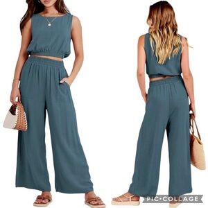 NWT New Linen Two Piece Solid Set Crop Top Wide Leg High Waist Pants Pockets